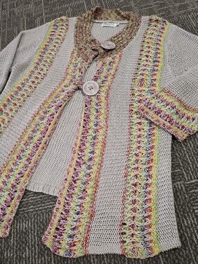 Moffi International Large Gray Knit Cardigan Colorful Trim Button Front Sweater